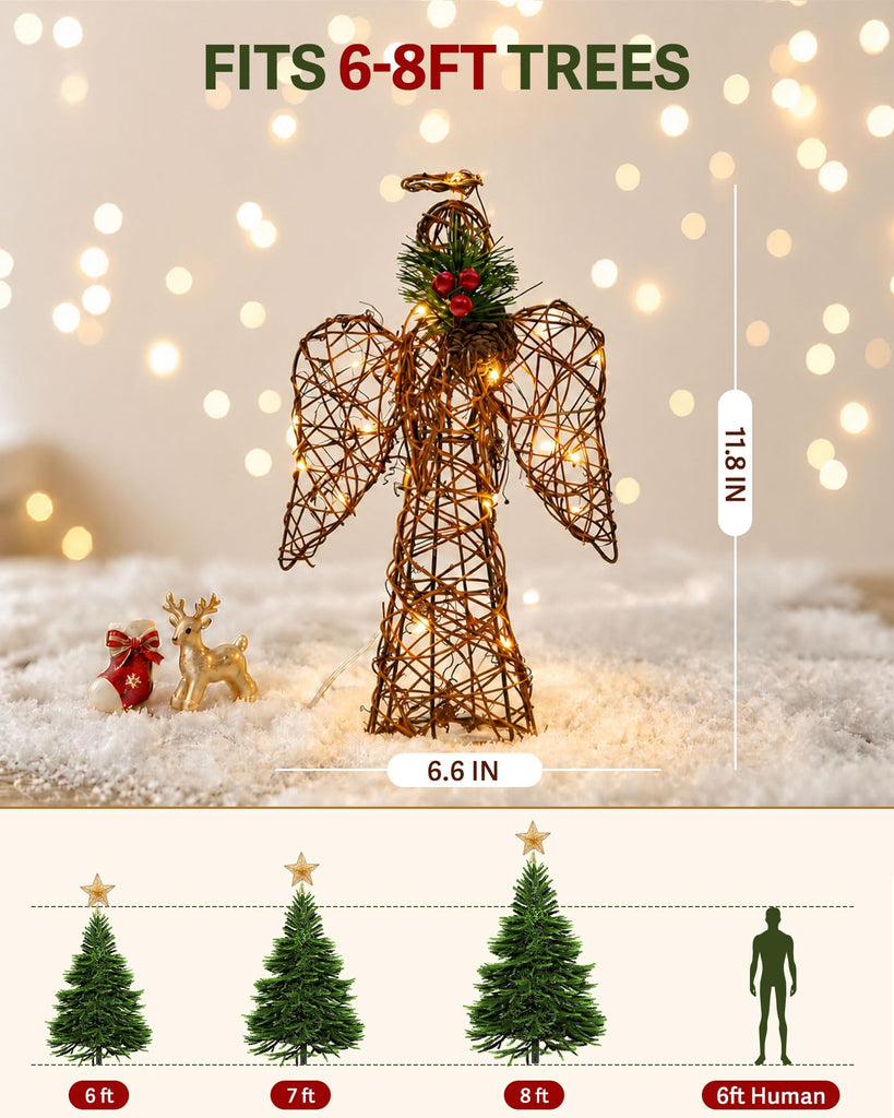 Natural Rustic Angel Christmas Tree Topper 12" Farmhouse 6H Timer