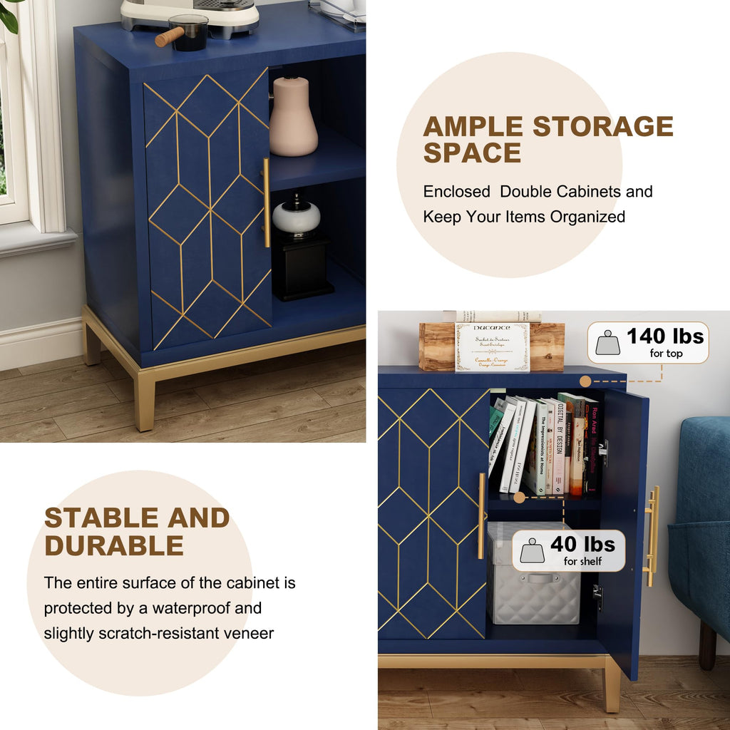 Accent Cabinet with 4 Doors, Modern Credenza Storage Cabinet, Carved Decorative Buffet Sideboard, and Hallway, Blue
