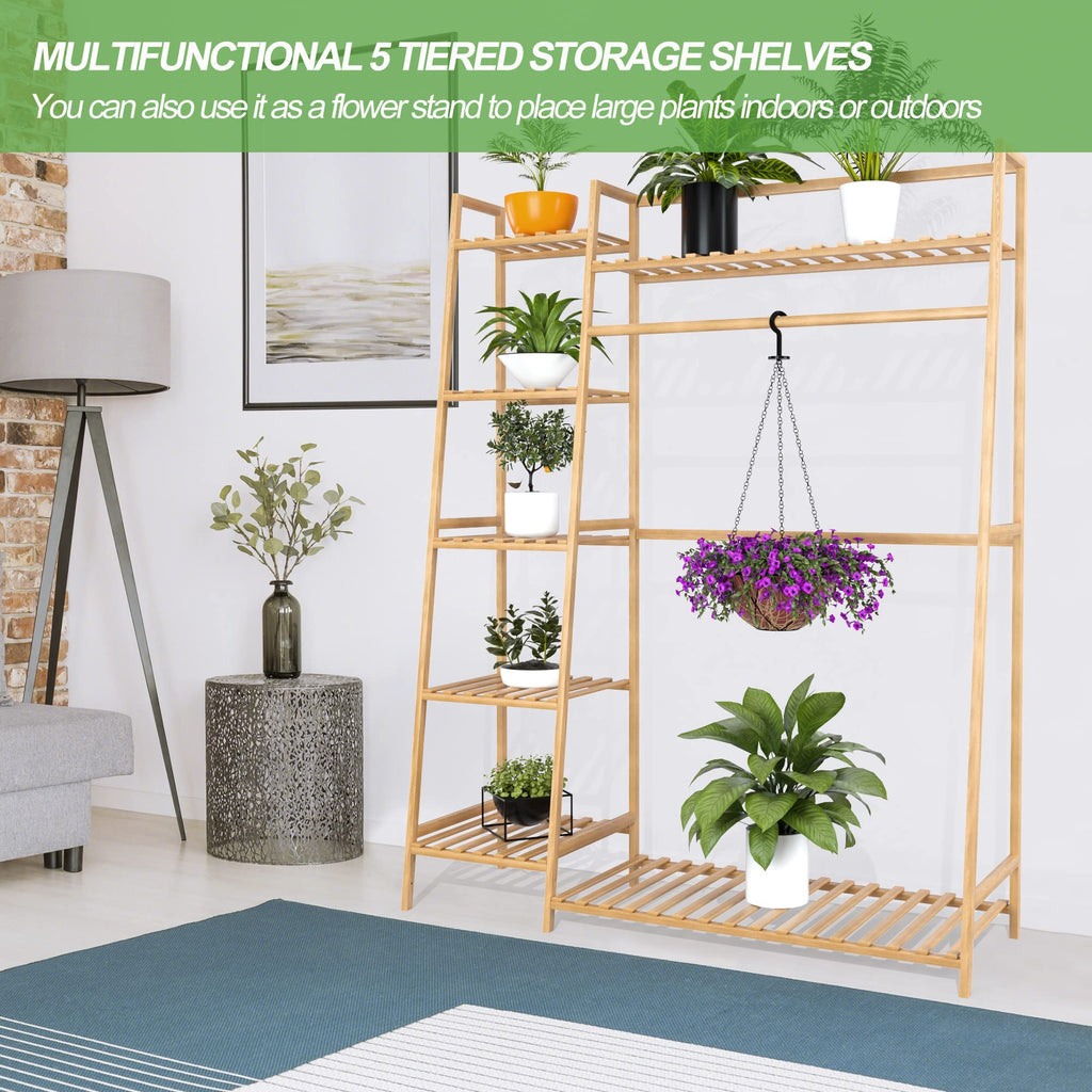 Bamboo Clothing Garment Rack, Free Standing Clothes Coat Hanger, Closet Organizer w/Shoe Rack, Multi-tiered Wardrobe