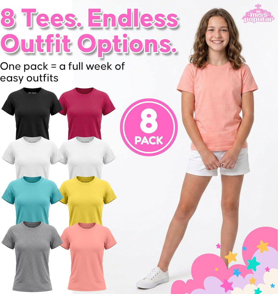 Girls' Pack Super Soft Polycotton Short Sleeve Crew Neck T Shirts, Assorted Color Solid Tees