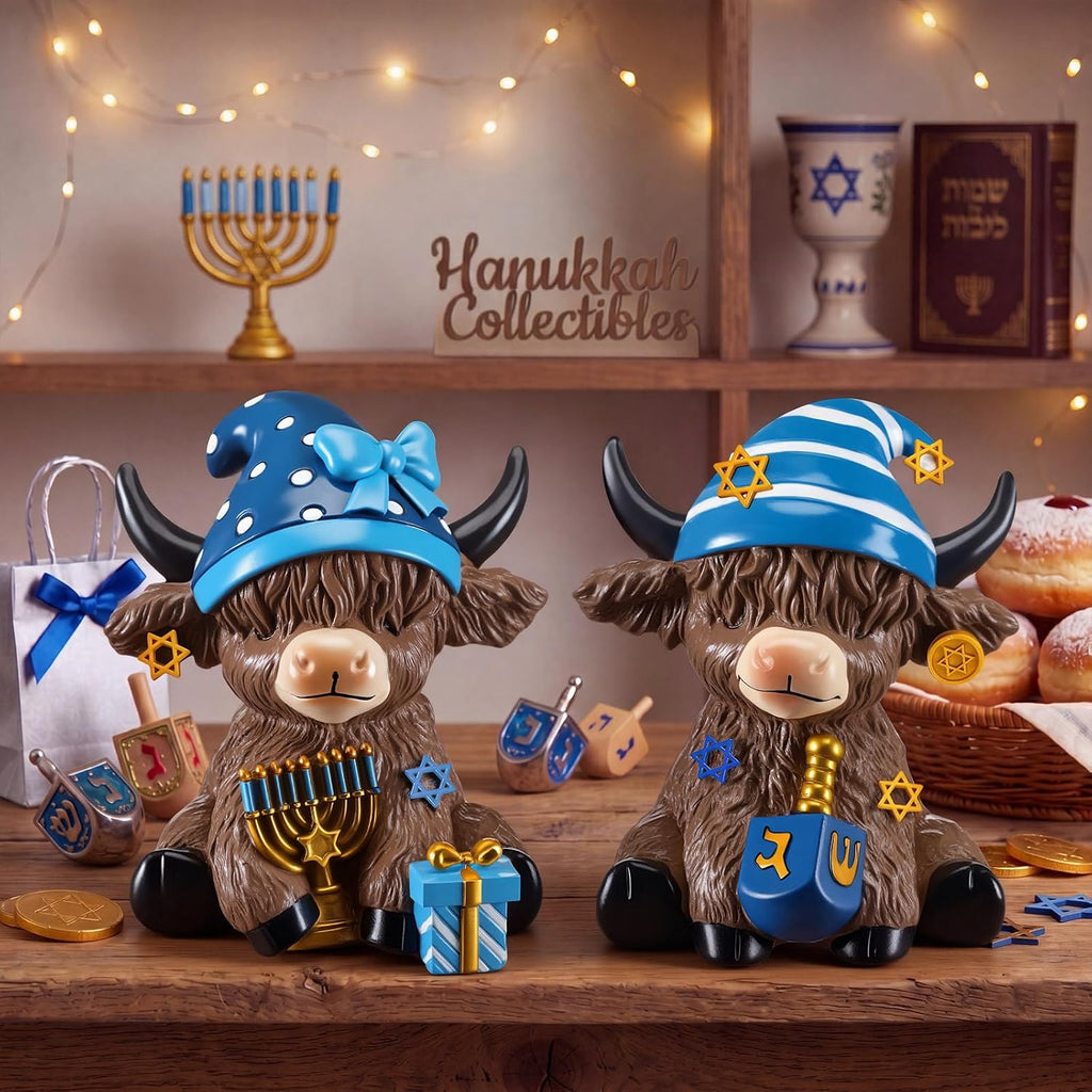Highland Cow Figurines Resin, Hanukkah Decor Desk - Set of 2