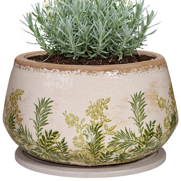 Oval Cottagecore Ceramic Flower Pot with Absorbent Saucer, Plant Lover Gift