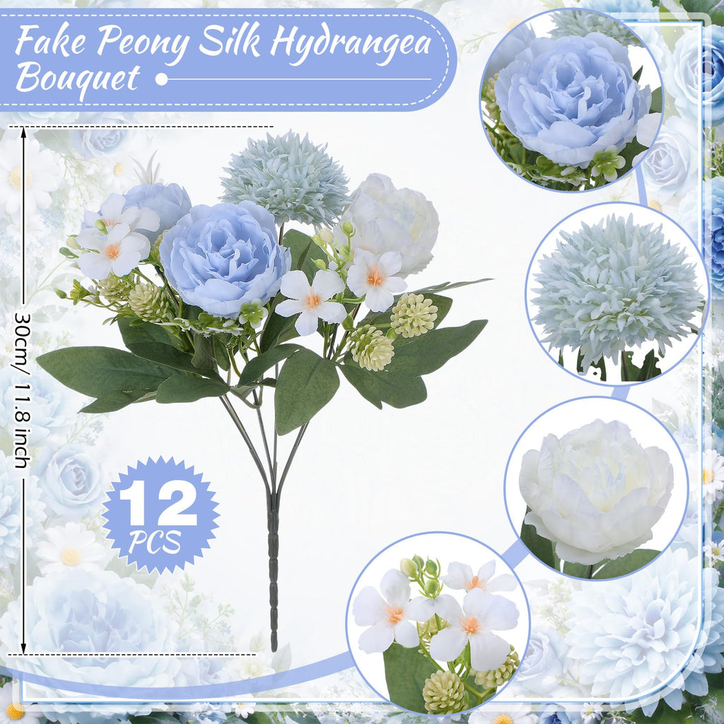 12 Pcs Blue White Artificial Peony Flower Decoration
