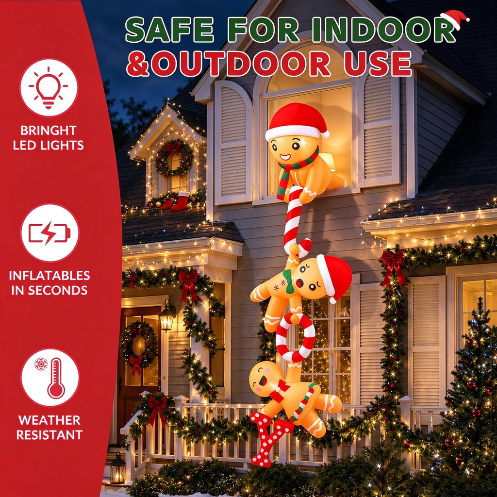 8 FT Hanging Christmas Inflatables Gingerbread, Joy Climbing Gingerbread Man Inflatable Funny Christmas Blow Ups