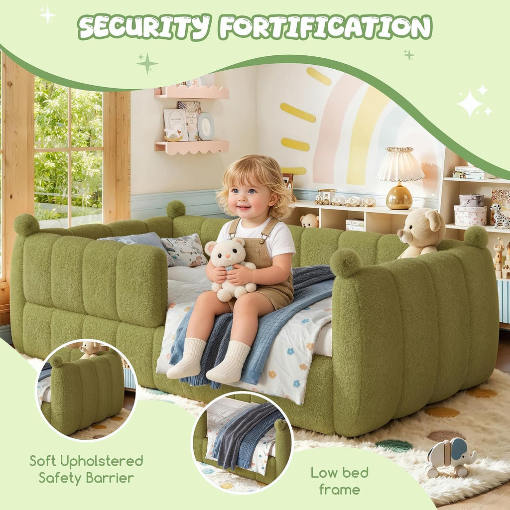 Upholstered Montessori Floor Bed with Fence, Green