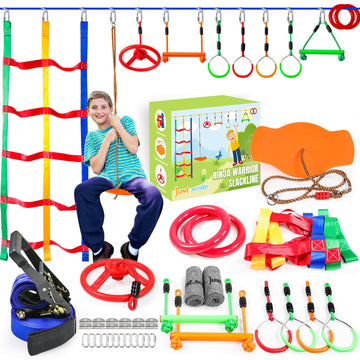 Warrior Obstacle Course for Kids Outside-Ninja Slackline 52ft with 11 Durable Obstacles-Climbing Net, Wheel, Warrior