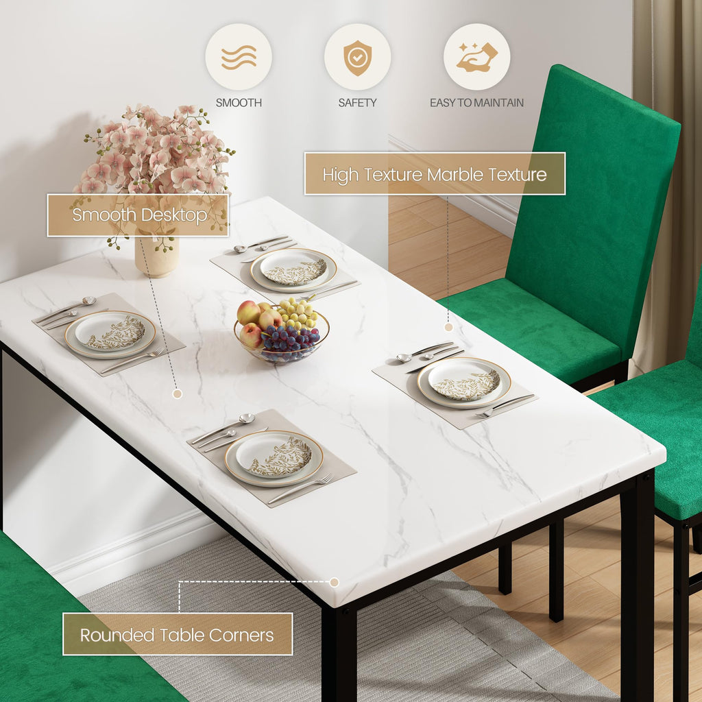 Dining Table Set for 4, Faux Marble Kitchen Table, Kitchen Table Chairs Set with Velvet Chairs, Bench with Storage Net