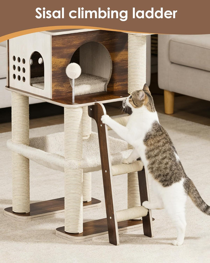 Modern Cat Tower, 60.3 Inches Multi-Level Cat Tree with Dark Wood-Look Panels, Sisal Scratching Posts, Hammock &