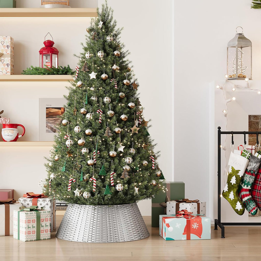 Christmas Tree Collar, 28 Inch Silver Woven Xmas Tree Skirt for 7.5 ft Trees, Stylish Rustic Basket for Tree Base