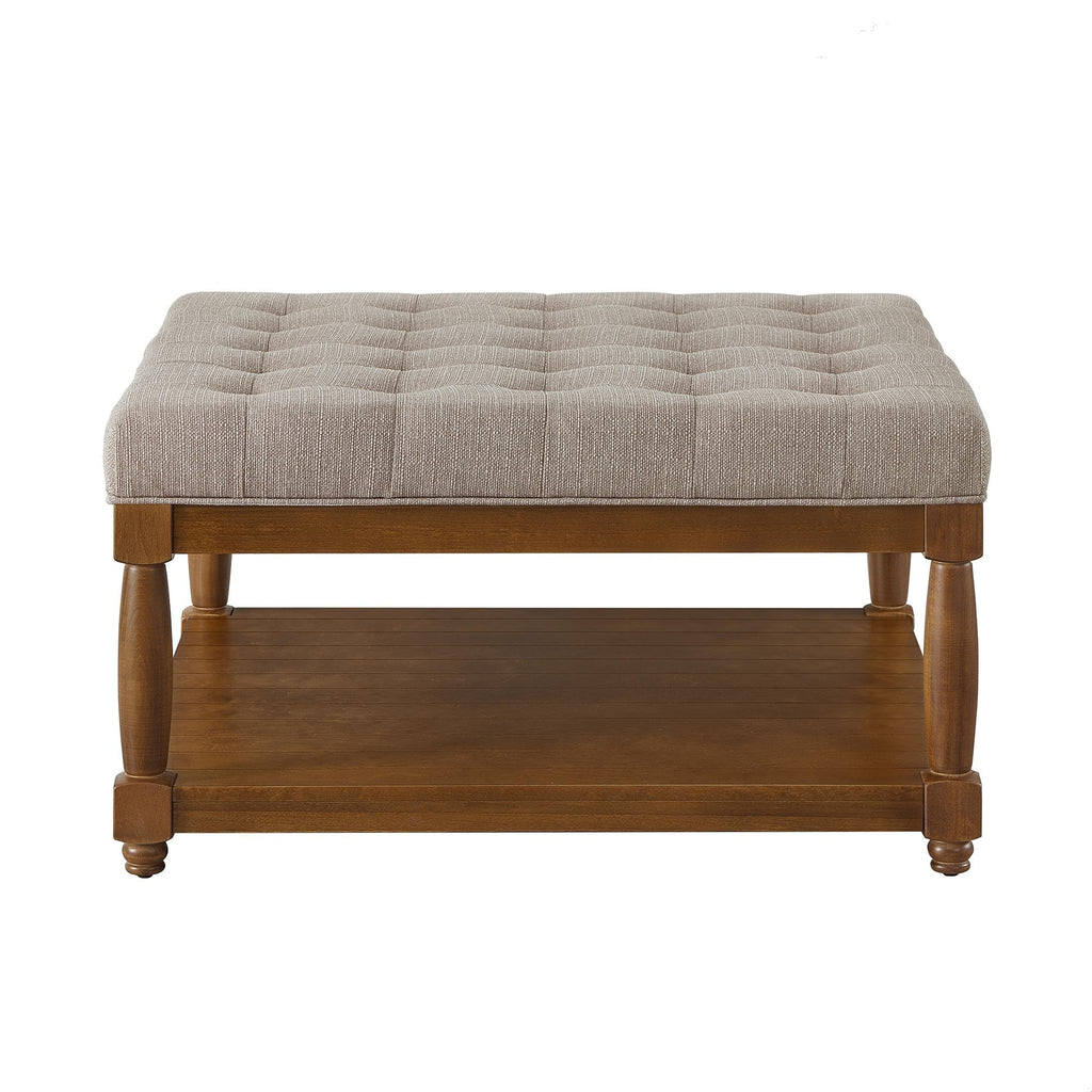 Large Square Upholstered Tufted Linen Ottoman Coffee Table with Solid Wood Frame and Open Storage Shelf, Nailhead