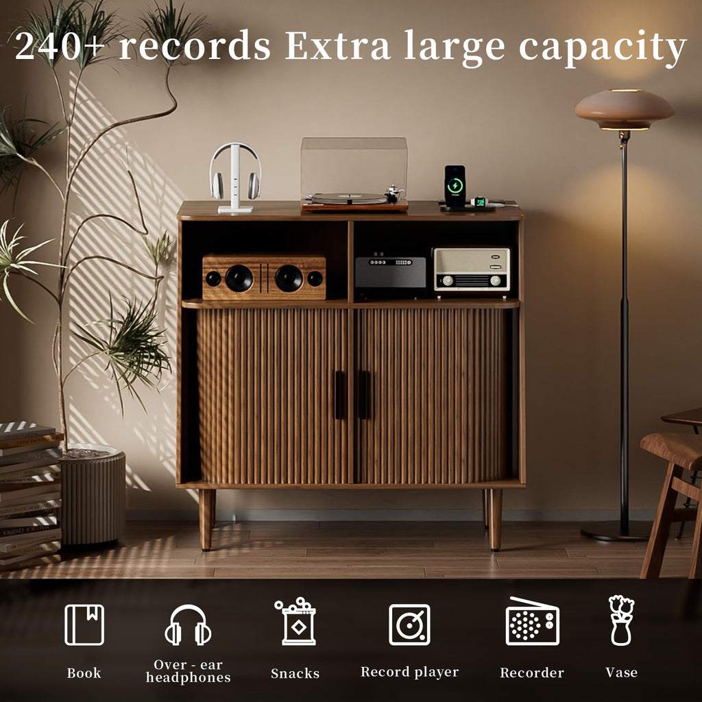 Record Player Stand with Vinyl Storage, Mid Century Modern Vinyl Storage Cabinet with Power Outlet and Sliding Doors