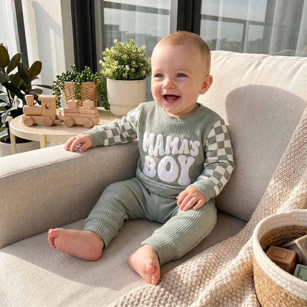 Toddler Baby Boy Fall Clothes Waffle Winter Outfits Letter Checkerboard Long Sleeve Sweatshirt and Pants 2 Pcs Sets