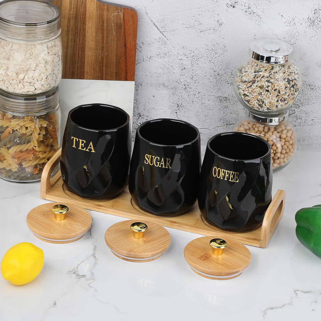 Set of 3 Ceramic Coffee Sugar Tea Canister Set with Lid and Tray