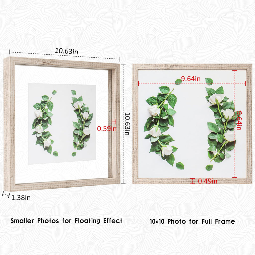 10x10 Floating Frame Distressed Beige White Wood Pattern, Double Glass Square Picture Frame Display Any Size Photo up