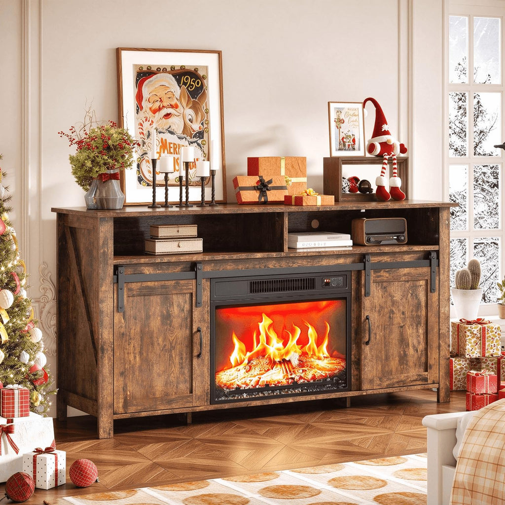 58" Fireplace TV Stand for up to 65" TVs, 1 Package, Farmhouse Brown