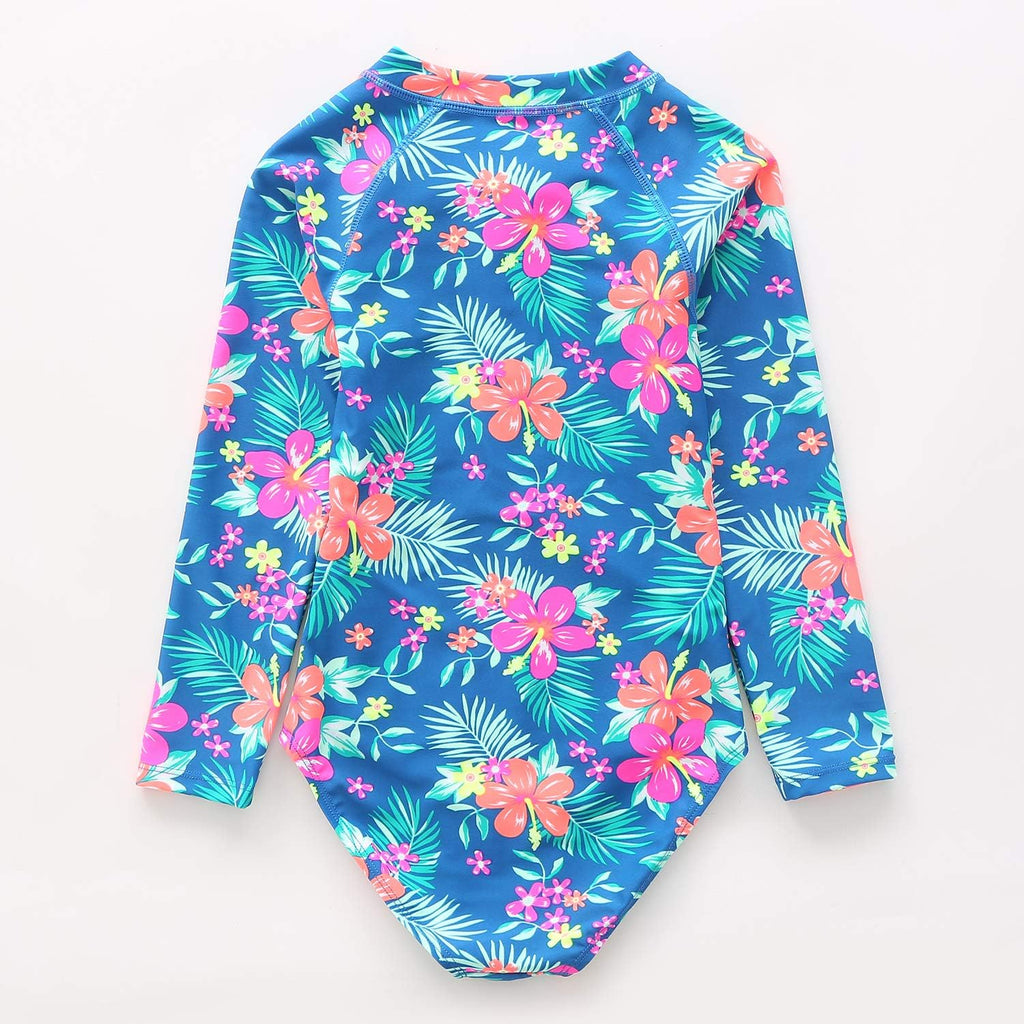 Girls Long Sleeve Rash Guard One Piece Swimsuit Kids UPF 50+ Sun Protection Swimwear Rainbow Striped Bathing Suit