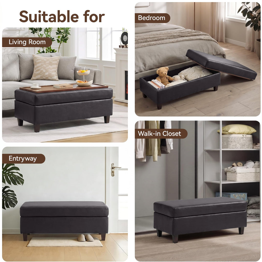 45" Faux Leather Storage Ottoman Bench with Wooden Tray, Dark Brown Large Upholstered Foot Stool, Multifunctional