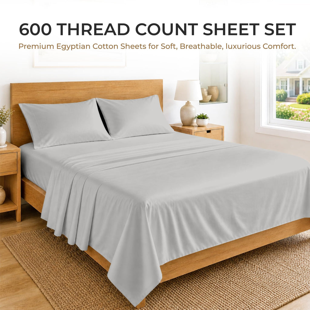 100% Egyptian Cotton Sheets Full XL Size - 600 Thread Count Sheets Set, Cooling, 15" Deep Pocket, Luxury Hotel