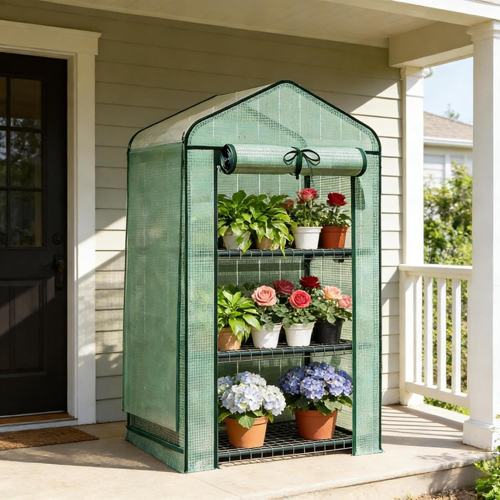 Small Mini Greenhouse with Three-Tier Shelves and Double-Layer Roof | Double-layer roof with zippered door for