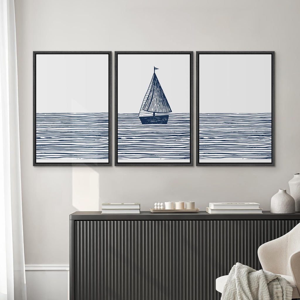Framed Canvas Print Wall Art Sailboat Ocean Line