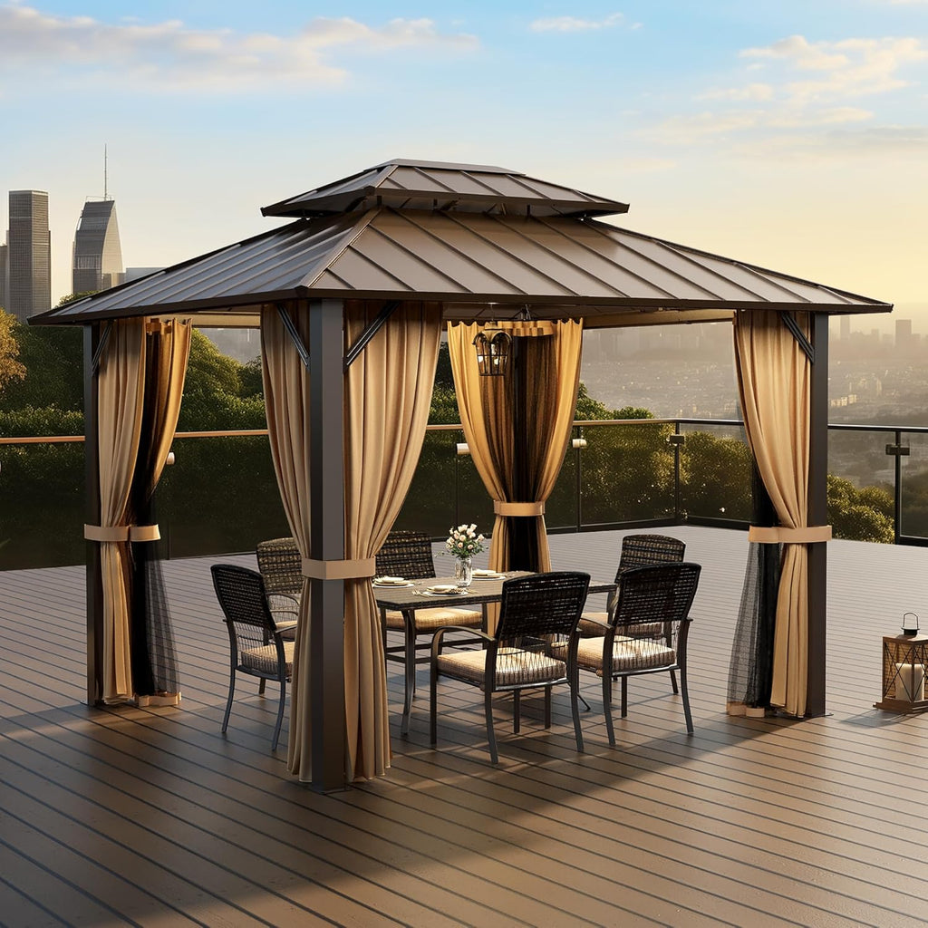 10x12FT Hardtop Gazebo,Galvanized Steel Double Roof Gazebo,Outdoor Permanent Pavilion with Breathable Netting