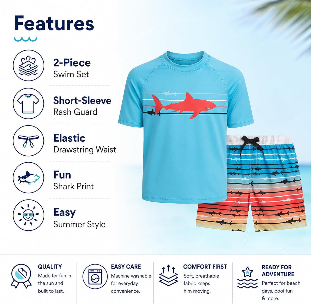 Boys Piece UPF 50 Short Sleeve Rash Guard & Swim Trunks