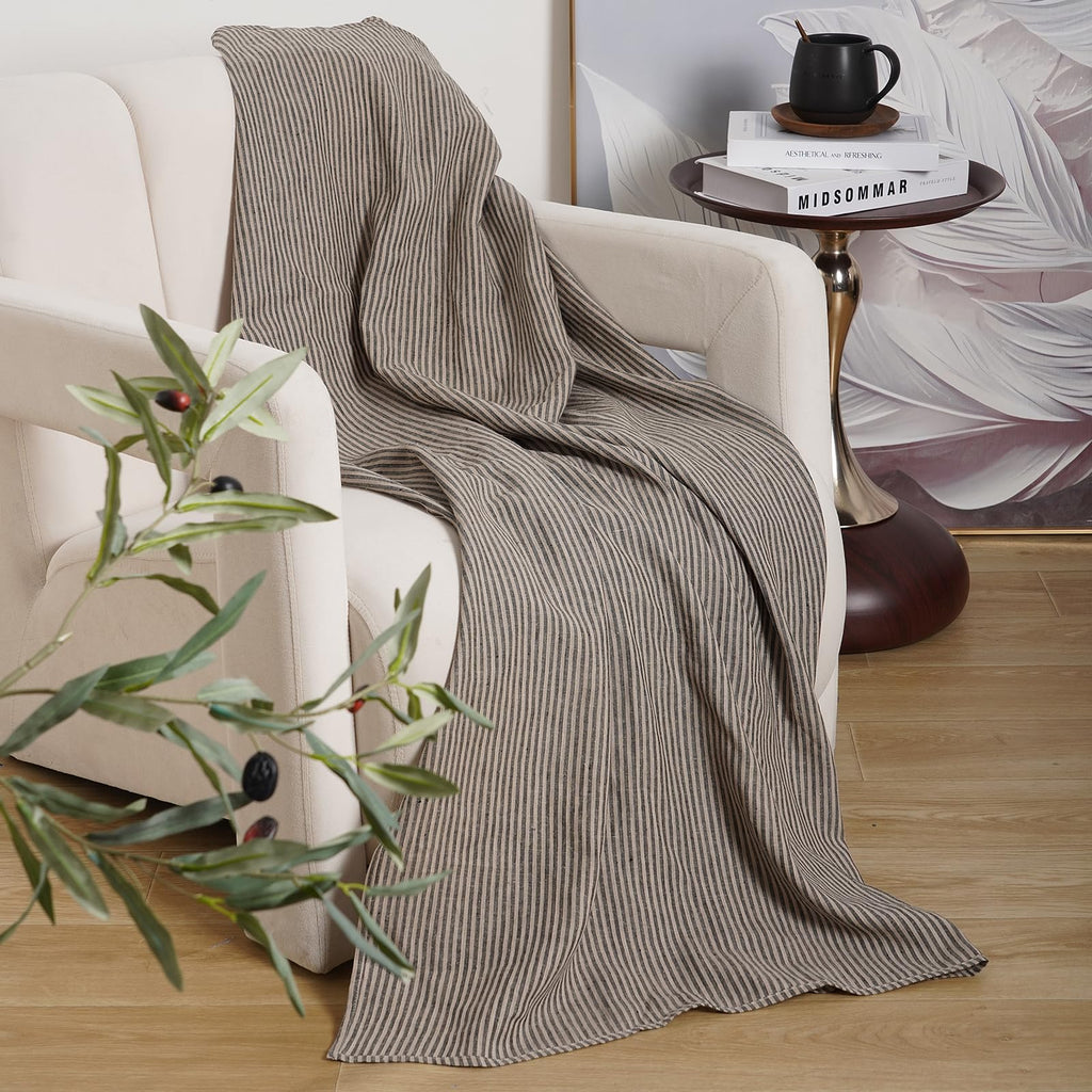 100% Linen Striped Throw Blanket - 53 x 59 Inch Super Soft Throw Blankets for Sofa Lightweight Breathable for Couch