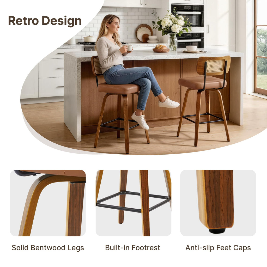 Swivel Bar Stools Set of 2, 26" Counter Height with Rattan Back, Brown