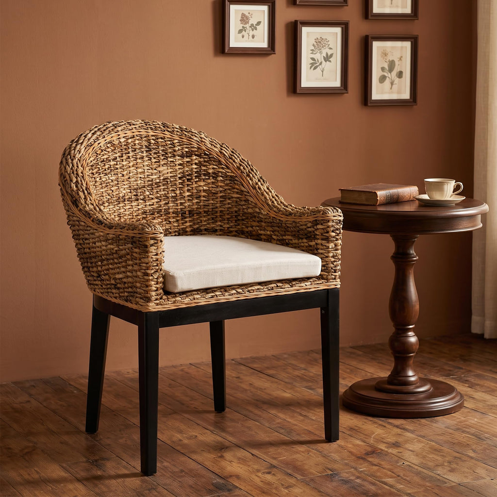 Rattan Accent Chair, Modern Armchair with Natural Rattan Armrest