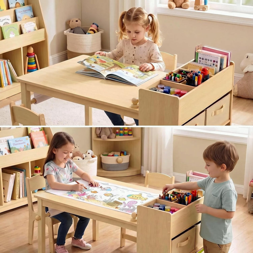 Kids Art Table & 2 Chairs Set, Wooden Activity Craft Desk w/ Paper Roll