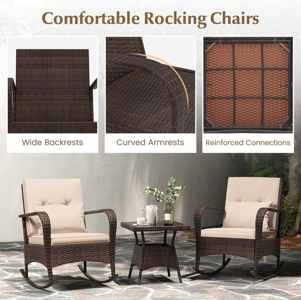 Outdoor Rocking Chairs Set of 2, 3 Piece PE Wicker Patio Bistro Set | Coffee Table & Thick Cushions, Rattan Patio