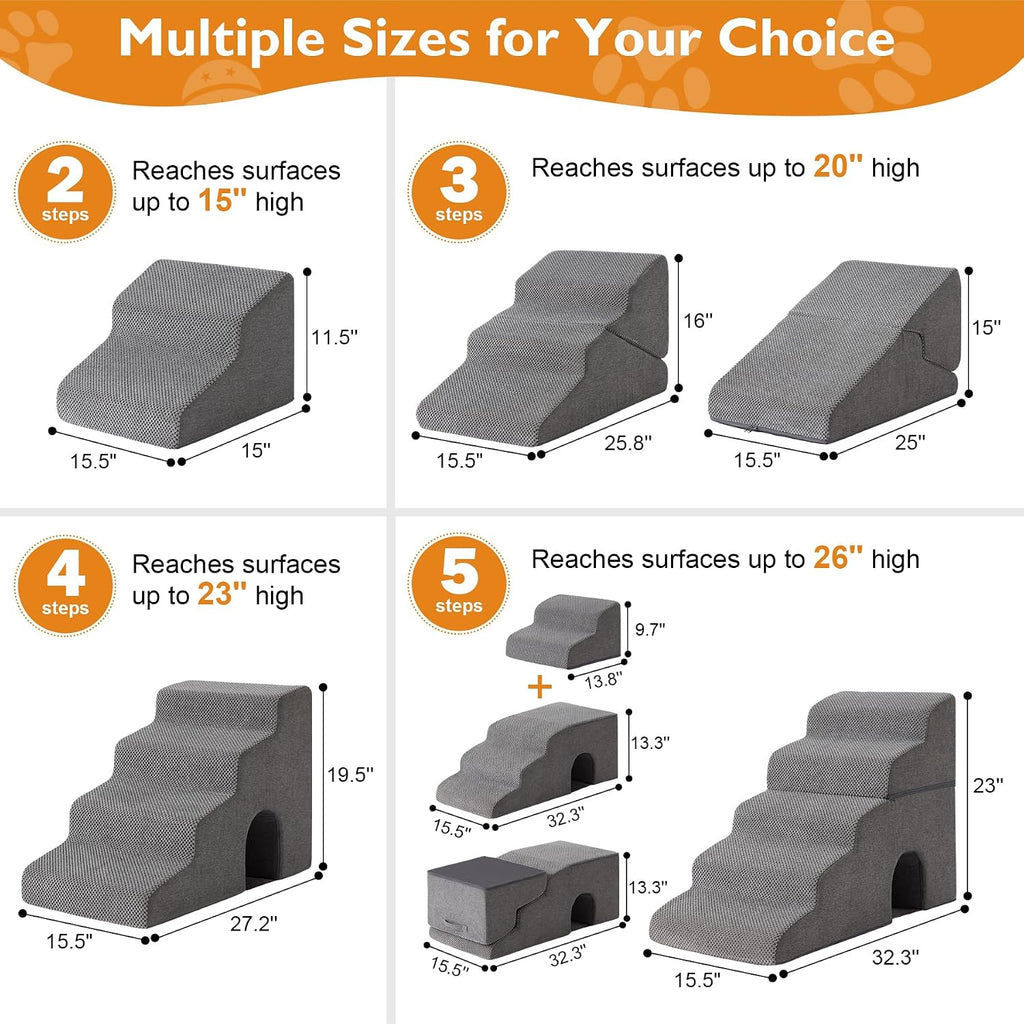 Dog Stairs for Small Dogs 16'' H, 3-Step Dog Steps for Bed, Grey