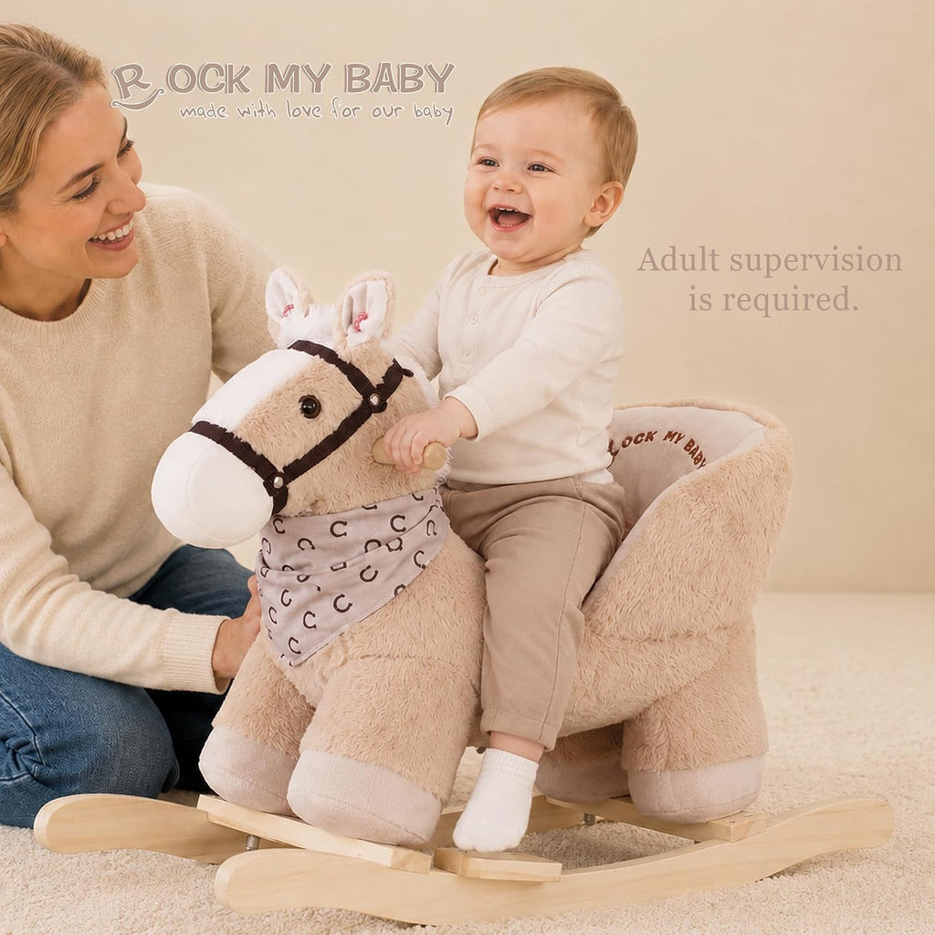 My Baby Rocking Horse with Seat, Plush Ride-On Rocker with Realistic Sound, Wooden Rocking Horse for Toddlers Ages