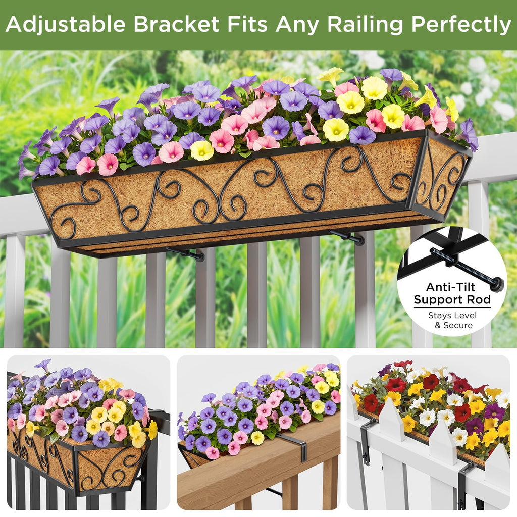 30x7 Inch Black Outdoor Rectangular Window Box Planter - Rust Resistant Steel, Plastic Coated - Perfect for Railings