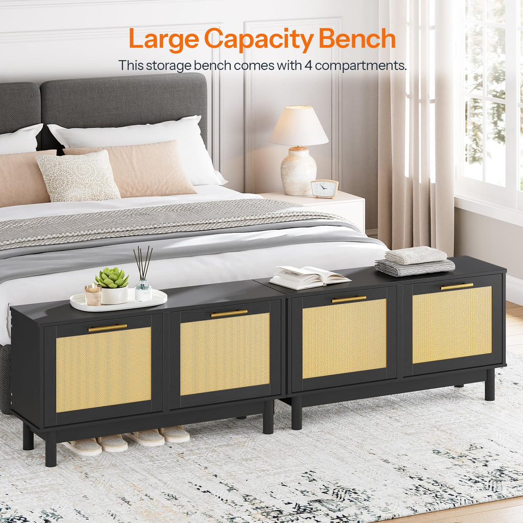 Rattan Shoe Storage Bench with Double Flip Drawers