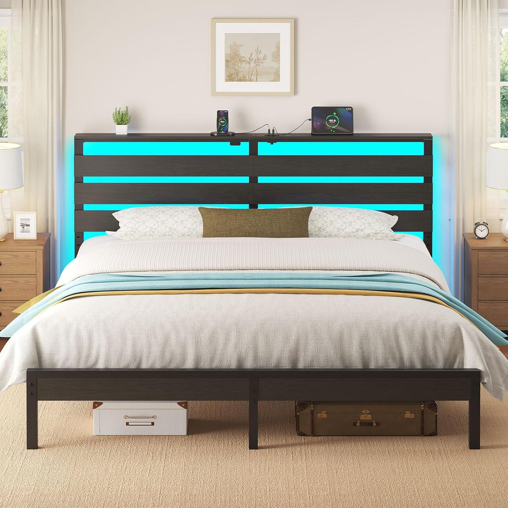 Bed Frame King with USB Charging Station, LED Bed Frame with Wood Storage Headboard