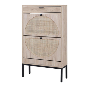 Shoe Cabinet, Natural Semi Circle Rattan Shoe Storage Organizer Cabinet with 2 Flip Drawers, Freestanding Shoe Rack