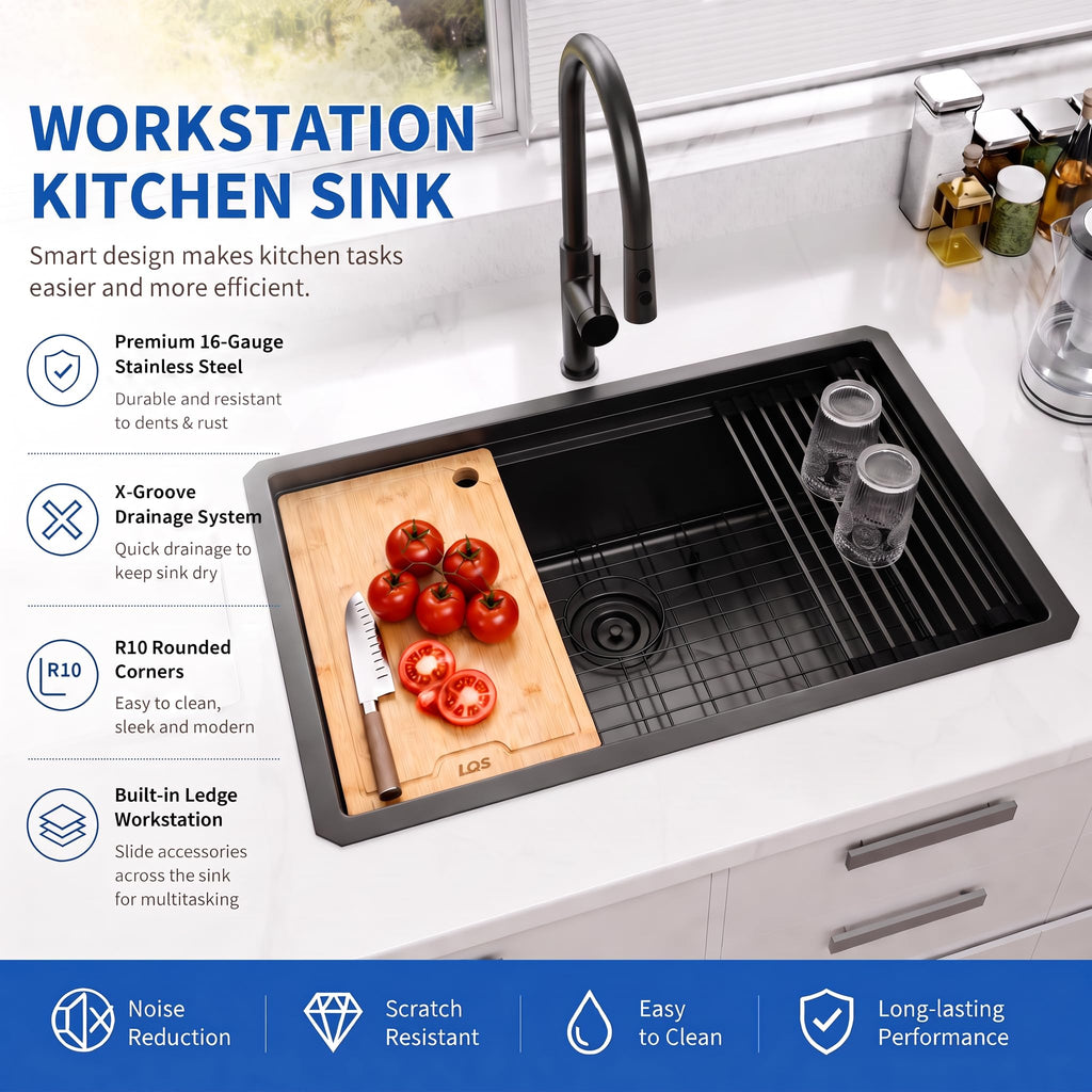 Black Undermount, 32 Inch Undermount Kitchen Workstation Sink with X-Shaped Drain Line, 10 Inch Deep Single Bowl