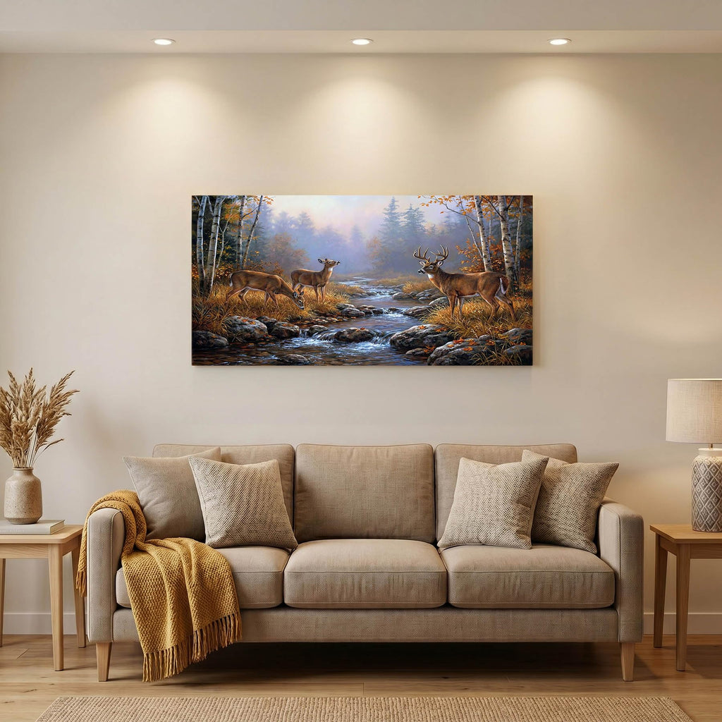 Deer Wall Art Autumn Forest Canvas Print Wildlife Landscape Painting Framed Yellow Rustic Nature Animal Pictures for
