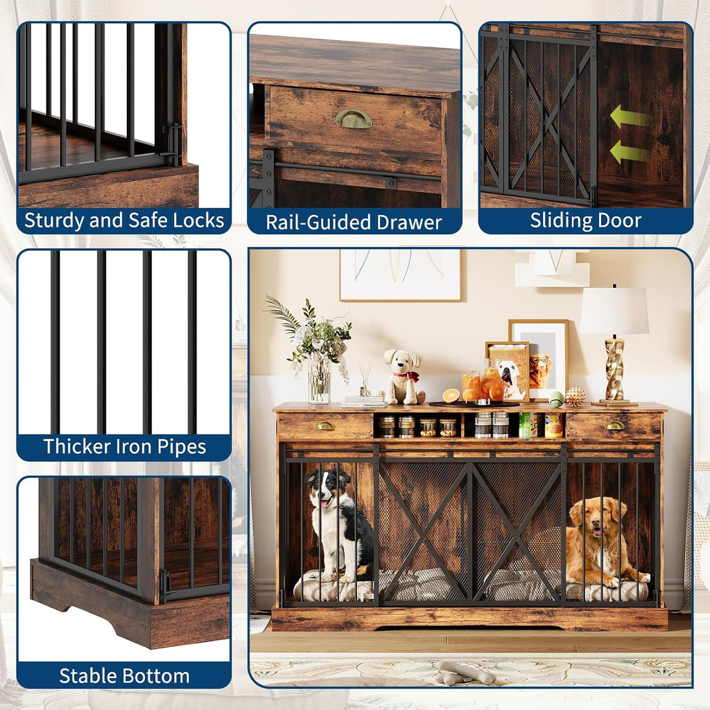 Dog Crate Furniture with Removable Divider, 3-in-1 Wooden Dog Kennel Furniture for 2 Dogs with Sliding Barn Door