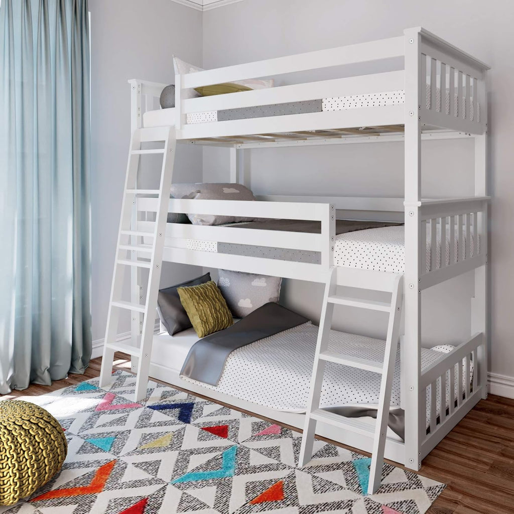 Triple Twin Bunk Bed, Solid Wood Bed Frame For Kids, No Box Spring Needed, Easy Assembly, White