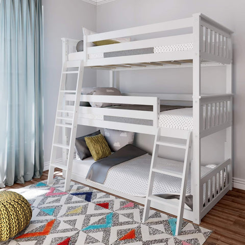 Triple Twin Bunk Bed, Solid Wood Bed Frame For Kids, No Box Spring Needed, Easy Assembly, White