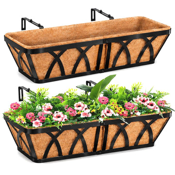 Deck Railing Planter Window Box - 2 Pack 24 Inch Deck Balcony Rail Planter with Coconut Coir Liner, Fence Metal