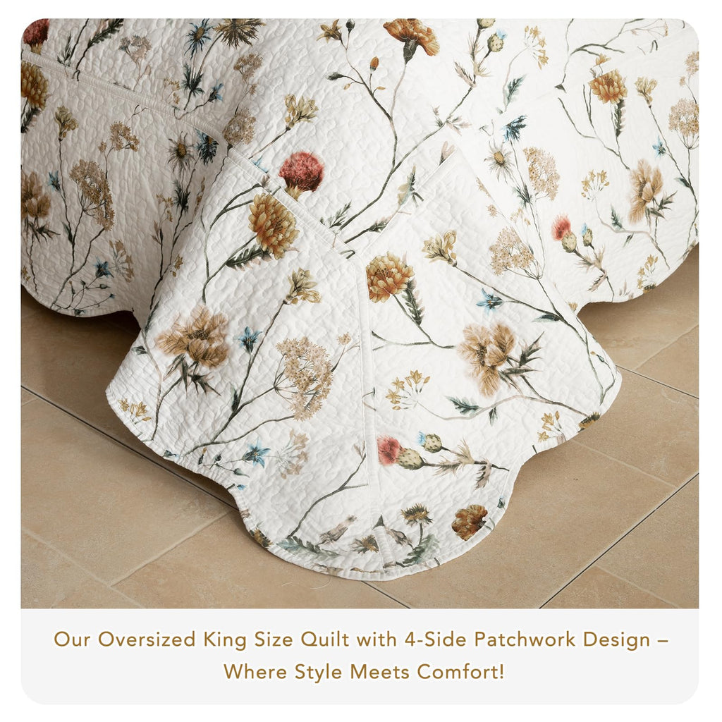 100% Cotton Floral Bedspread(120"x120"), Watercolor Wildflower Botanical Quilt Set 3Pcs Soft Neutral
