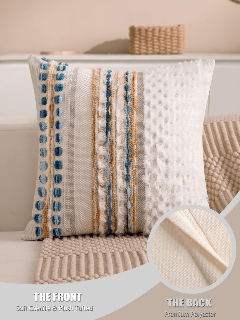 Boho Chenille Tufted Couch Throw Pillow Covers 18x18 Inch Set of 2 Farmhouse Striped Decorative Pillow Covers Accent