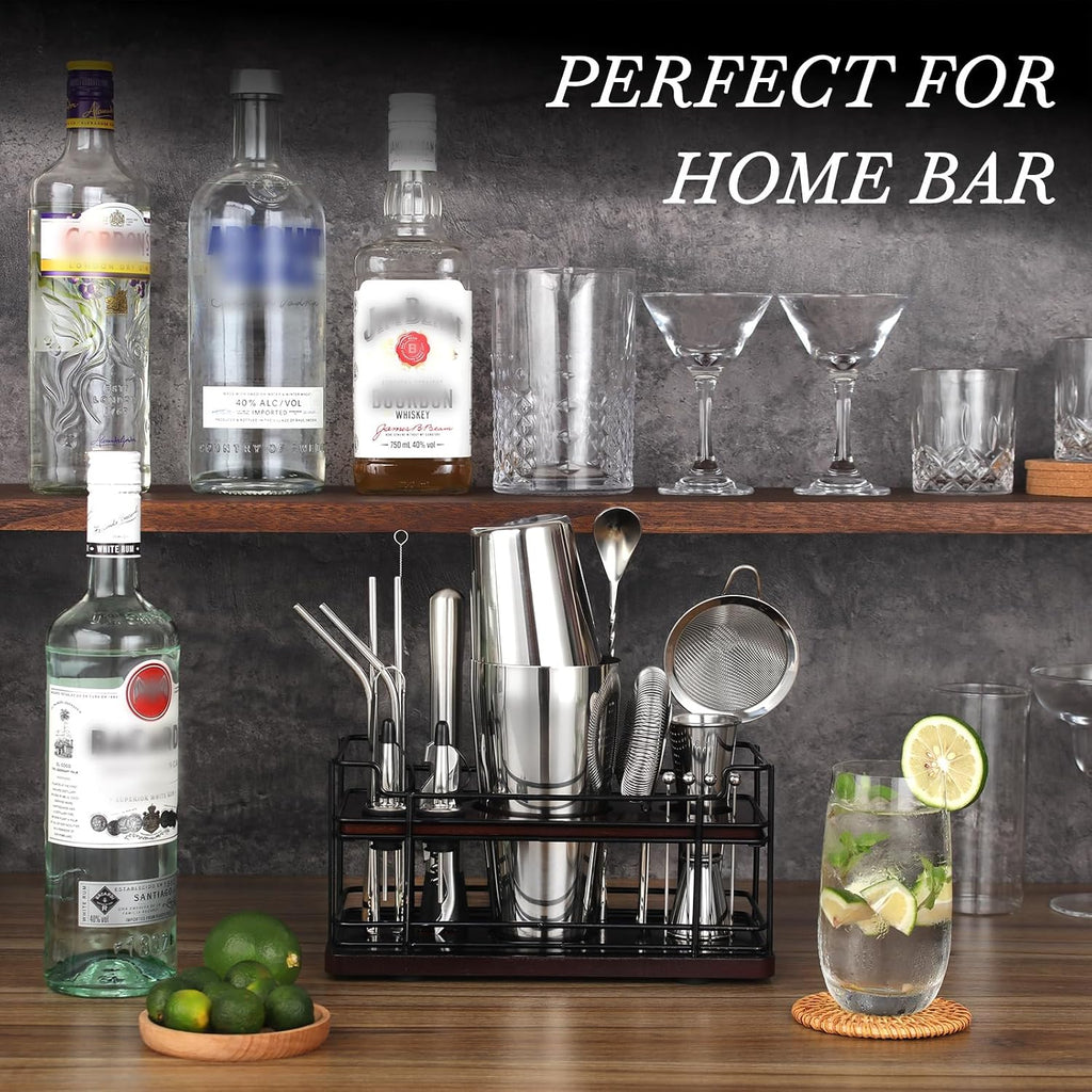 Boston Cocktail Shaker Set with Stand, 20-Piece Complete Bartender Kit Bar Use, Essential Bar Set with 18oz & 28oz - Set of 20