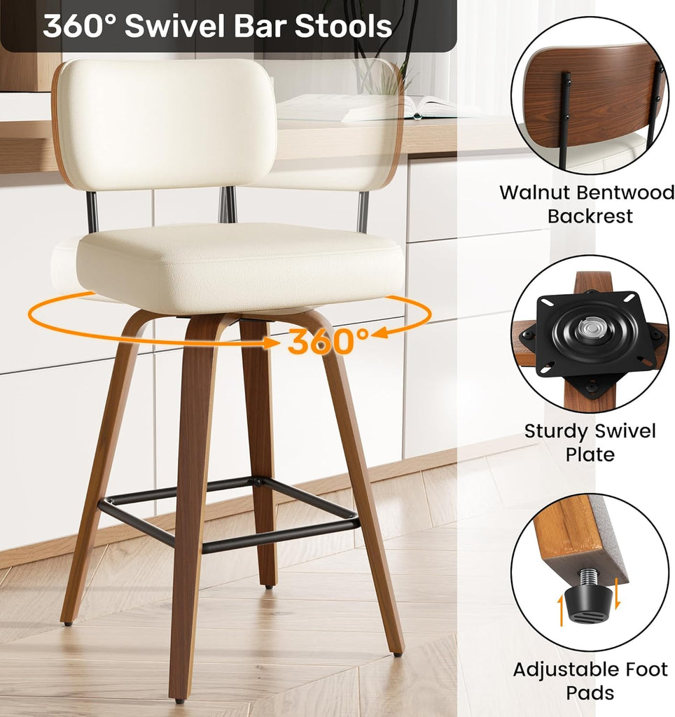 Swivel Bar Stools Set of 4, 26" Faux Leather Upholstered Counter Height Barstools with Back & Bentwood Legs, Mid