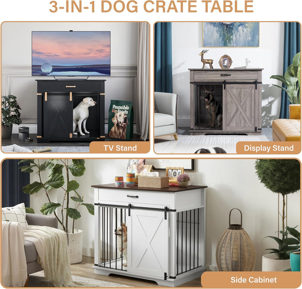 37.8'' Dog Crate Furniture with Storage Drawer, Decorative Wooden Dog Kennel with Sliding Barn Door, Indoor Water