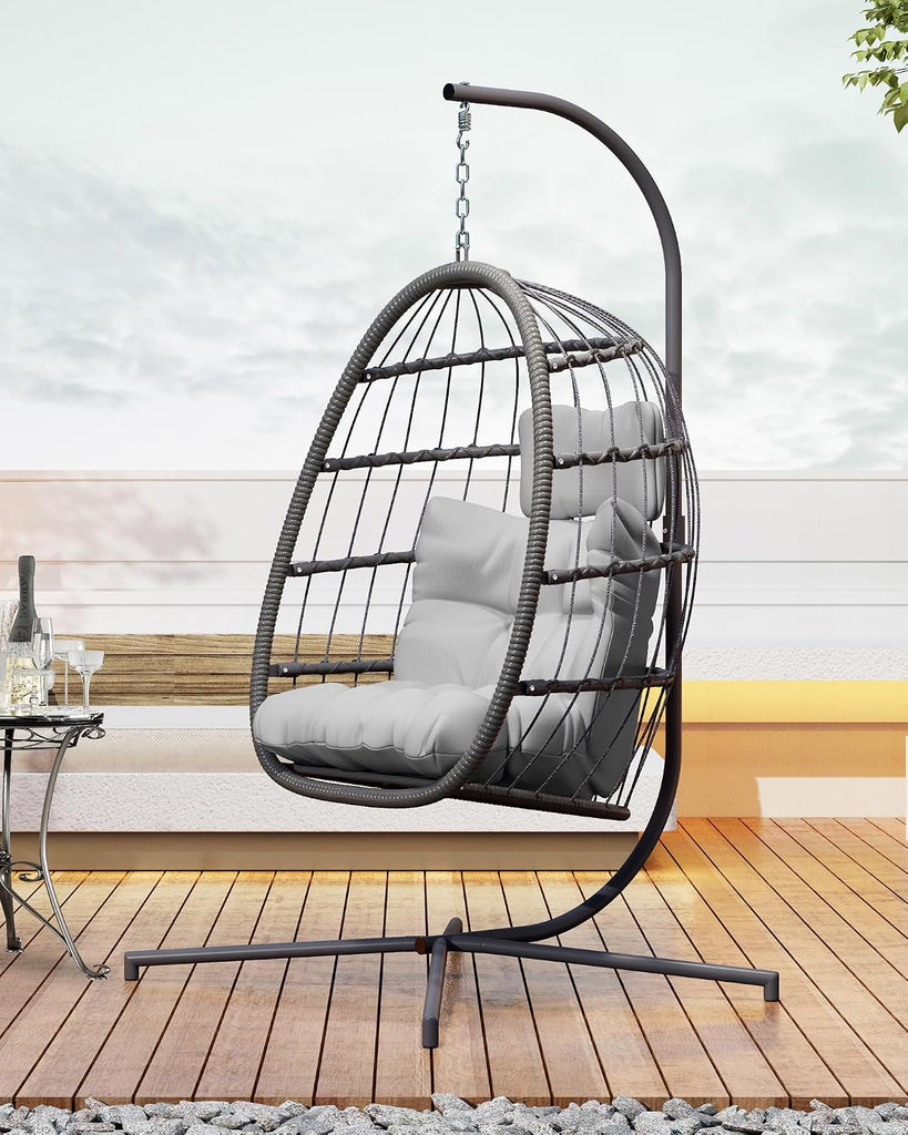 Egg Swing Chair with Stand, Outdoor Hanging Egg Chair with Cushion /Porch/Balcony/Indoor (Light Gray)