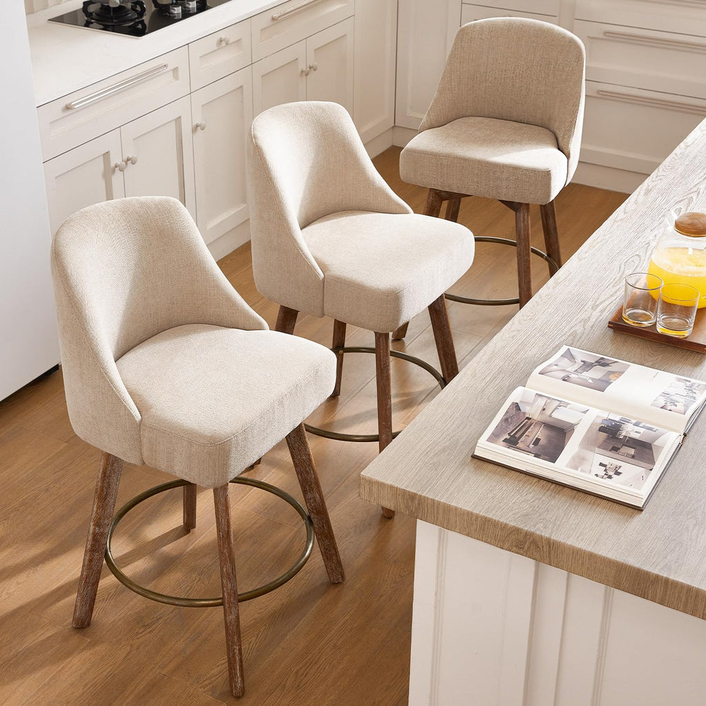 Counter Height Bar Stools, Sand-Colored Linen Comfort Fabric Bar Stool Set of 3, 360° Swivel Counter Height Stools
